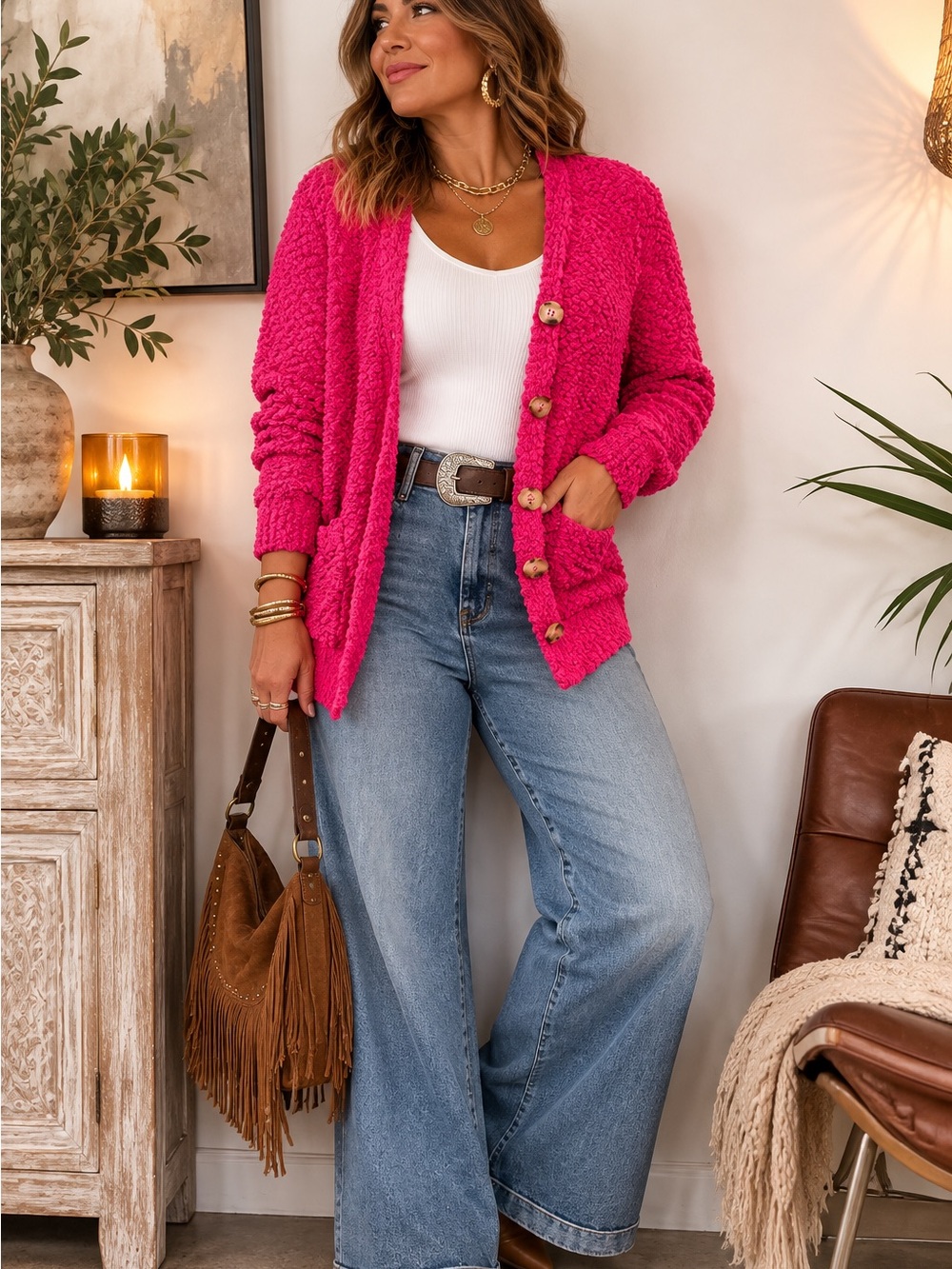 Zenana Outfitters Fuchsia Bouclé Button-Front Cardigan - Picture 5 of 8
